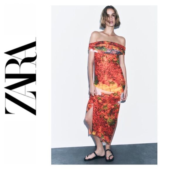 NWT Zara Blogger’s Favorite Tulle Printed Off-the-Shoulder Maxi Dress, Small - Picture 1 of 16